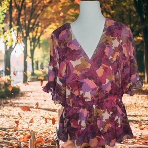 🦋Sophia Jeans by Sophia Vergara Waylin Wine Floral Faux Wrap Peplum Top